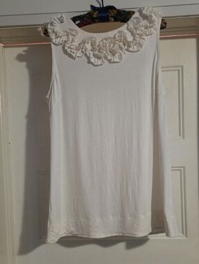 White Floral-Trim Sleeveless Top